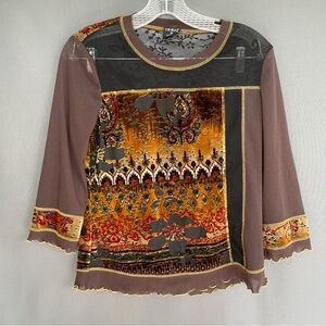 Vintage 90s TRIBAL Felt, mesh, floral detailing burnout blouse bohemian boho y2k